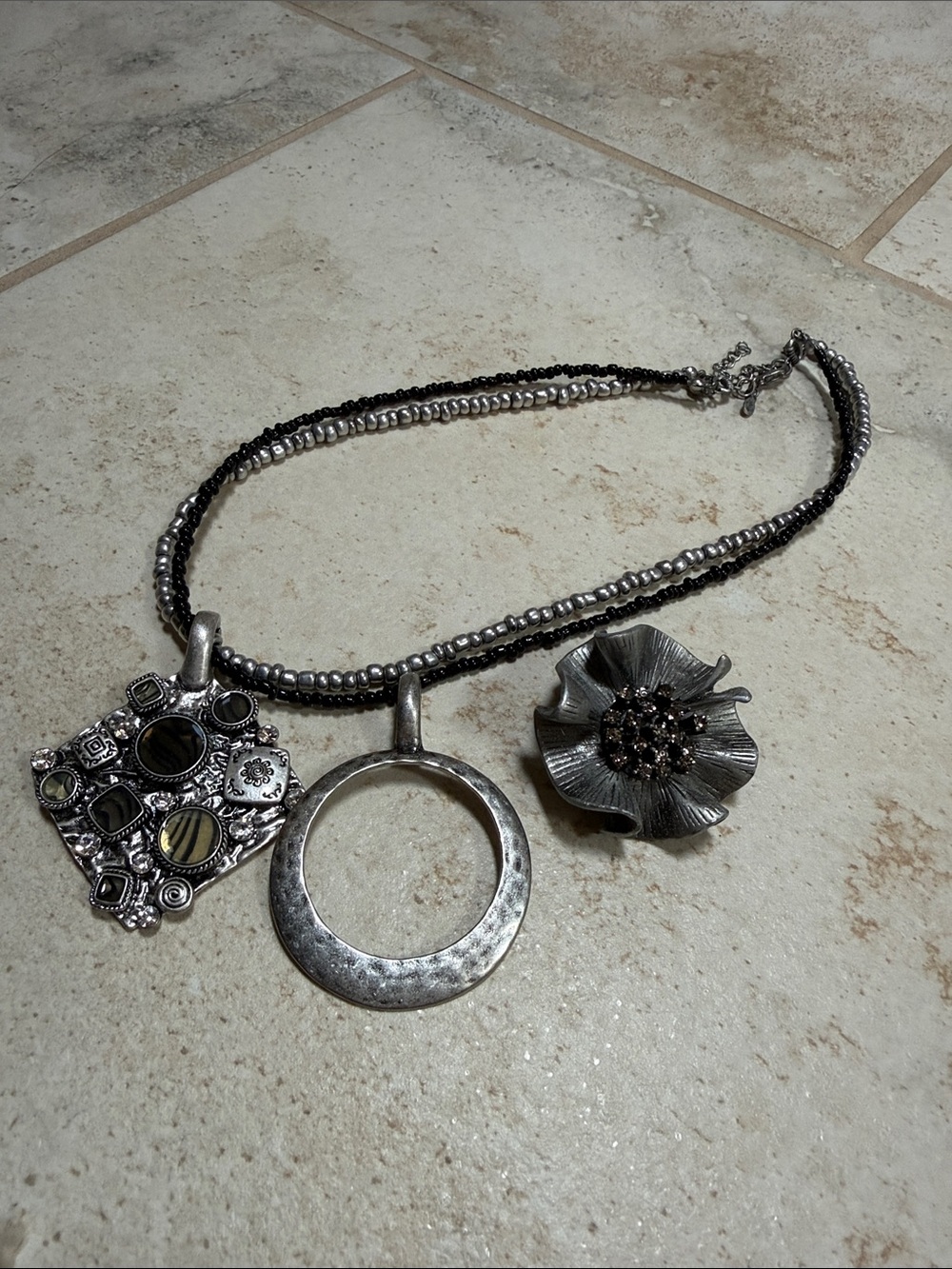 Silver-Tone Mixed Pendant Necklace with Floral Accent - Silver